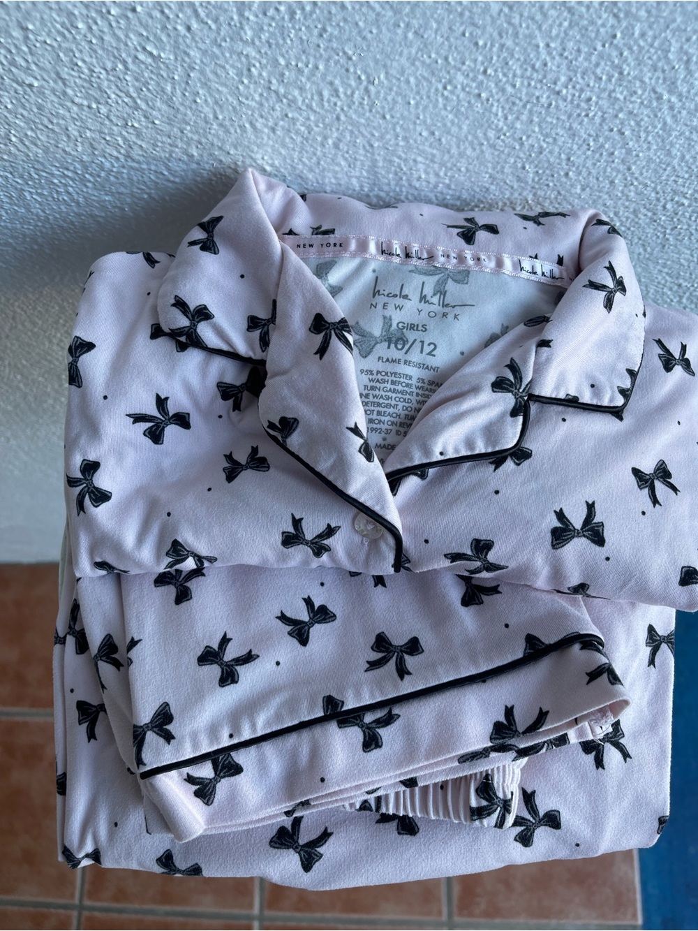 Nicole Miller Pink Bow-Print Girls Pajama Set with Black Trim